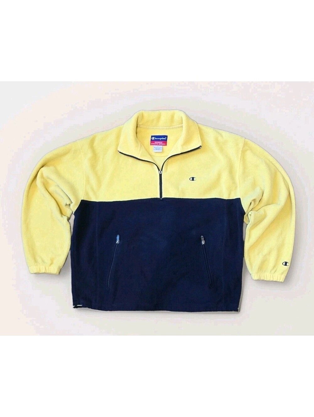 Vintage Champion Fleece Pullover Large Yellow Navy Colorblock 1/4 Zip 90s Y2K